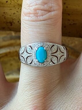 Sleeping Beauty Turquoise White Diamond Sterling Silver Ring Size 8